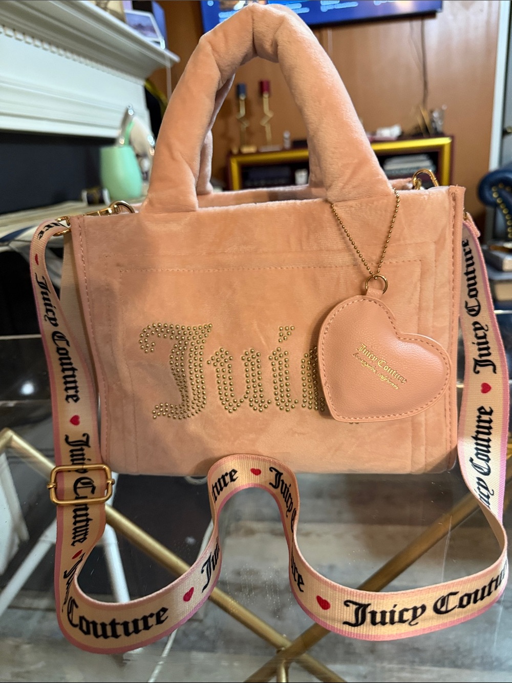 Juicy Couture Blush Pink Suede Crossbody Tote with Heart Charm